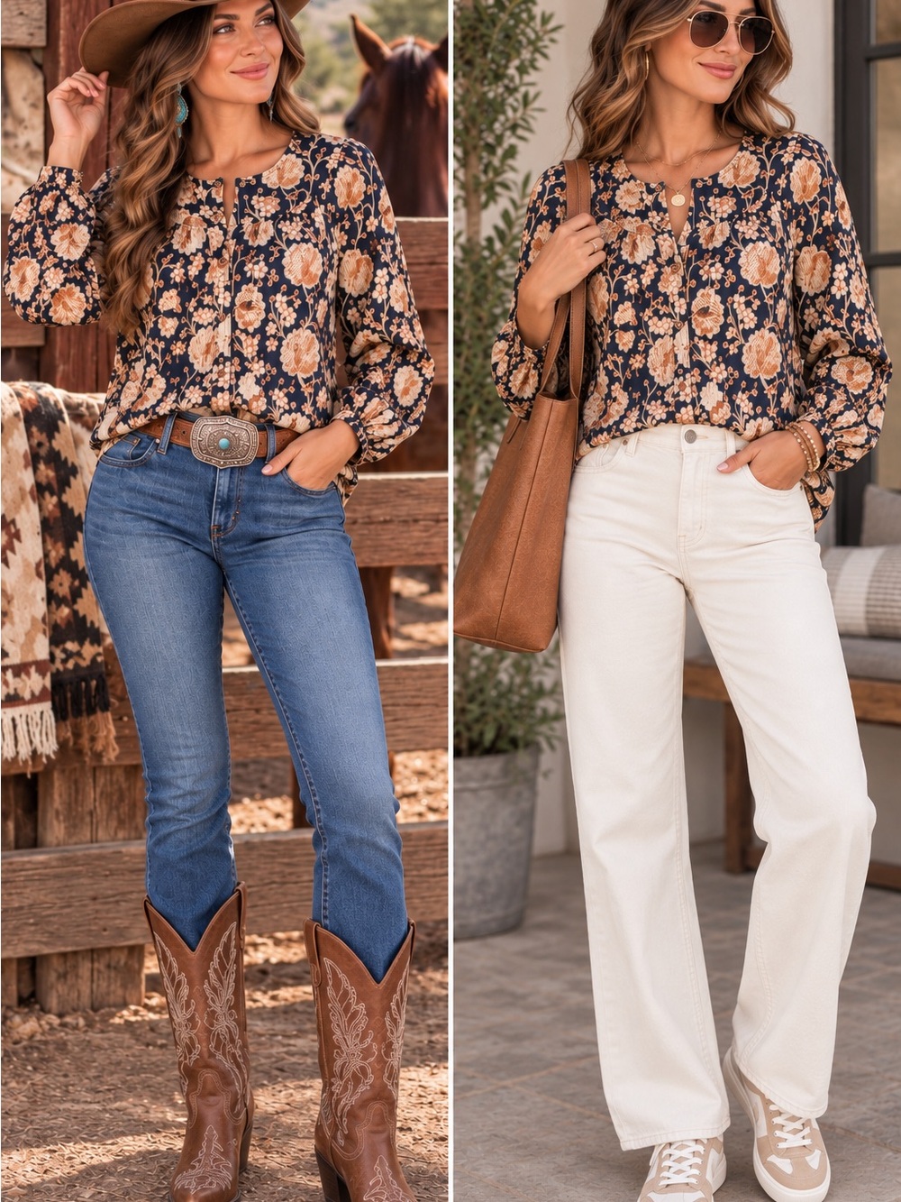 Maeve by Anthropologoer Navy Floral Button Up Blouse with Tan Blooms